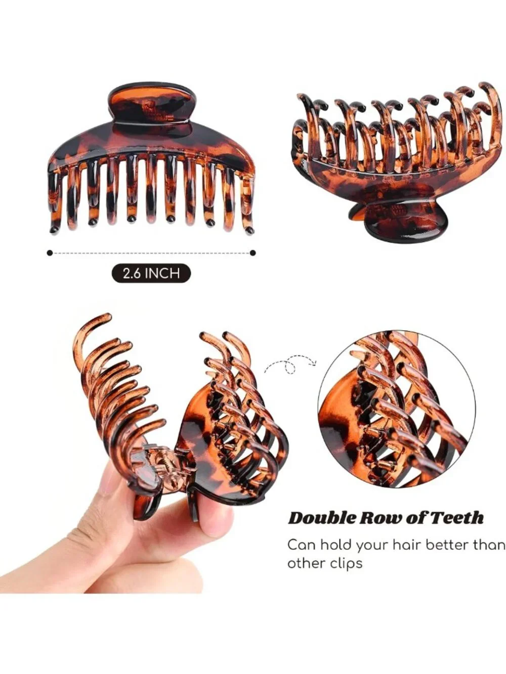 3 PCS Tortoise Shell Hair Claw Clips - Double Row Teeth Jaw Barrettes for All